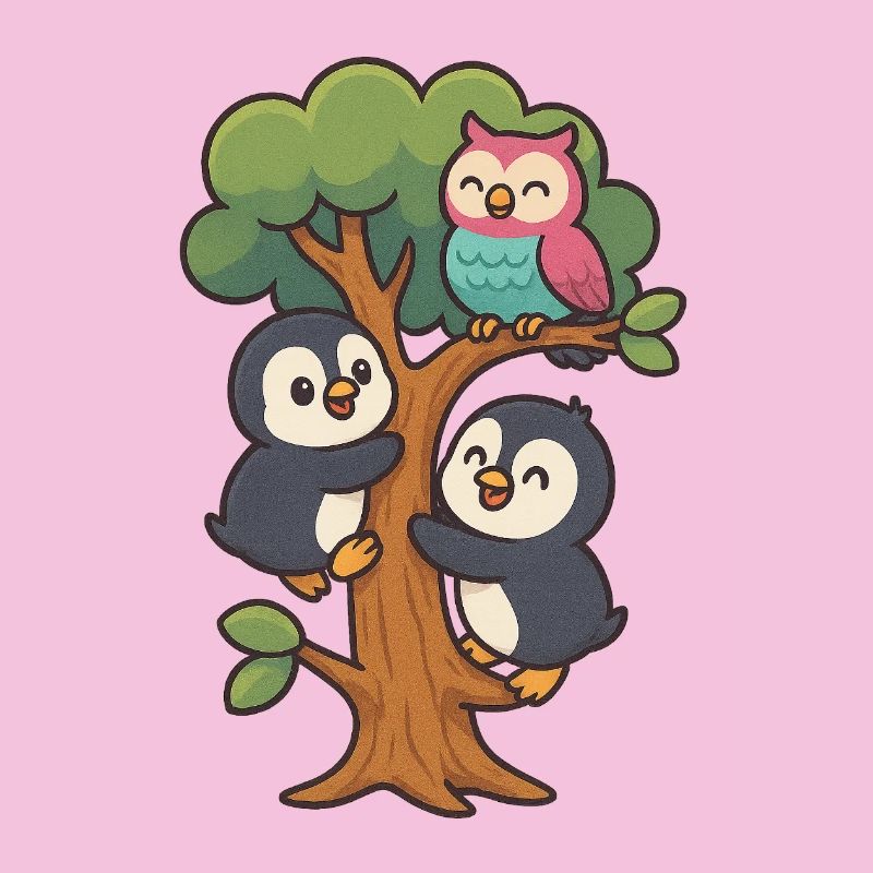 Pinguinbabys klettern auf einen Baum, Eule macht mit
