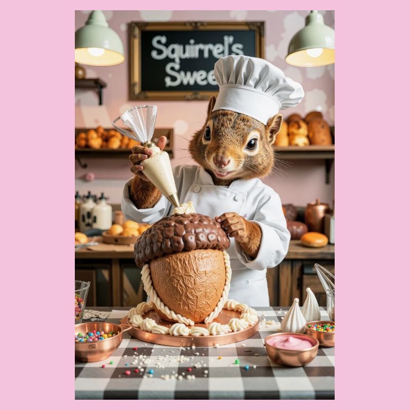 Chef écureuil humanoïde avec gâteau au chocolat