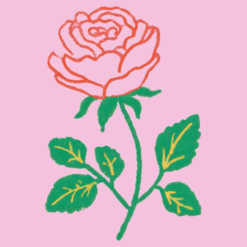 Crimson Rose Linework on Green Stem