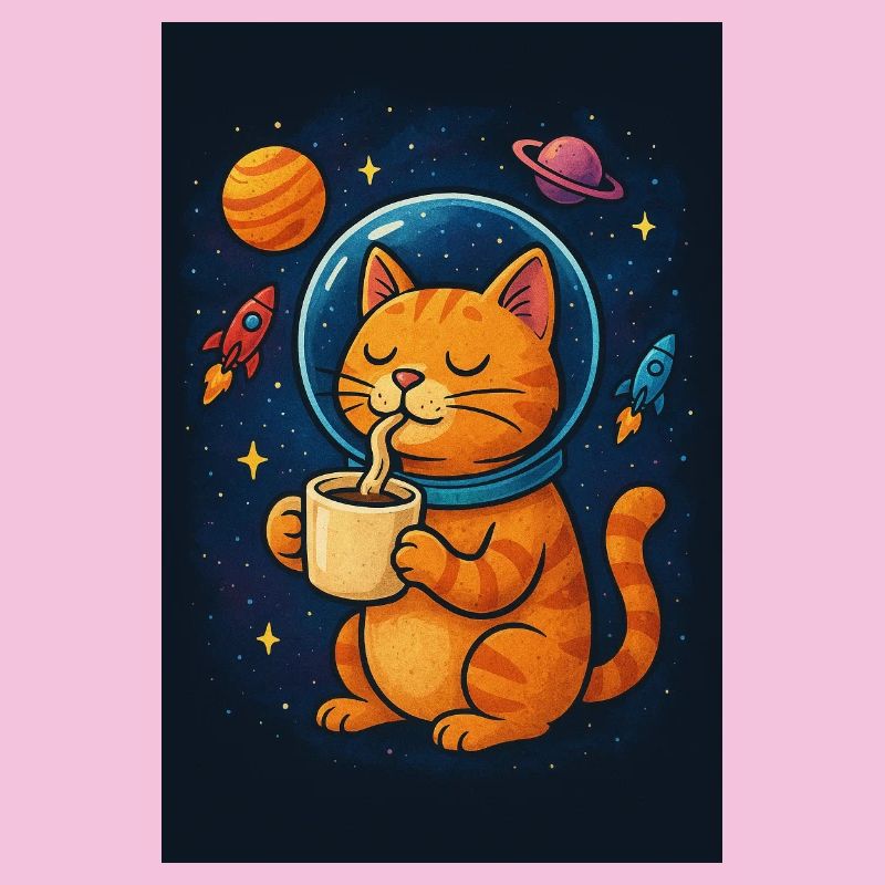 Cat in spacesuit drinking coffee