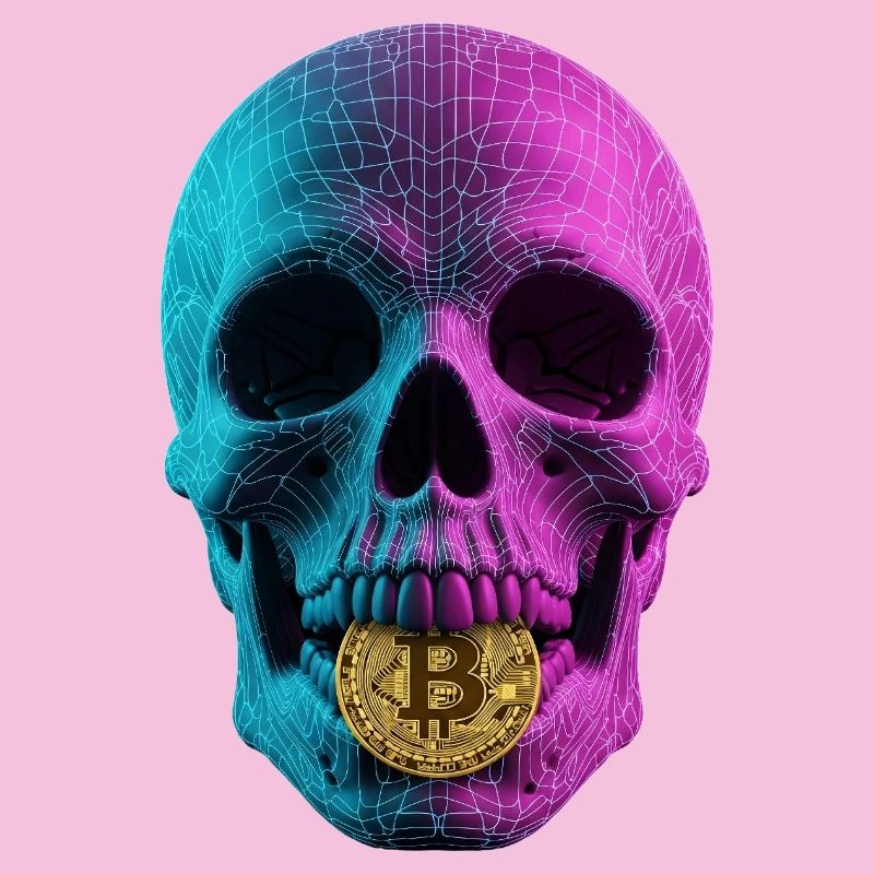 Bitcoin Skull Wireframe Design Cyan Magenta