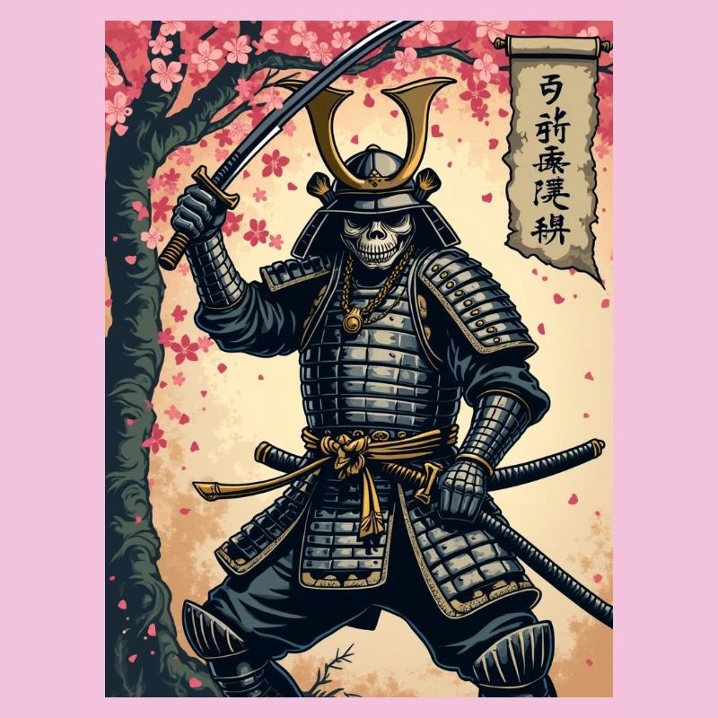 Skelett-Samurai im Kirschblütenwald