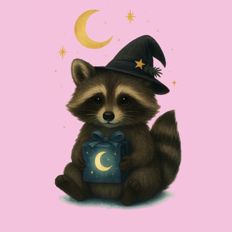 Mystischer Waschbär mit Geschenk