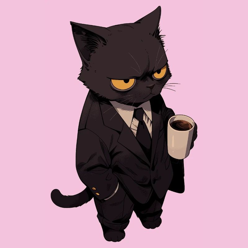 Kater im Anzug mit Kaffee