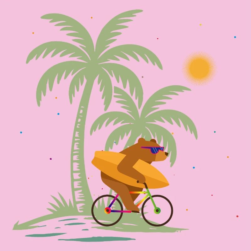 Bear with surfboard on bicycle under palm trees