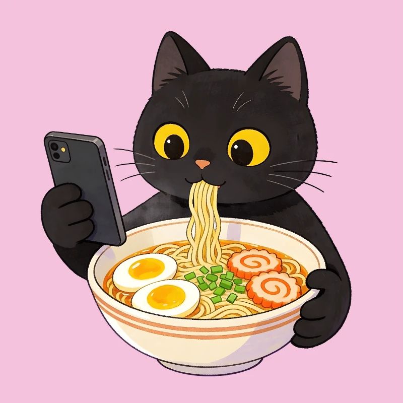 Schwarze Katze mit Smartphone und Ramen Nudeln
