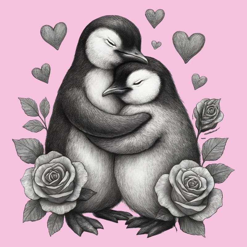Hugging penguins with roses