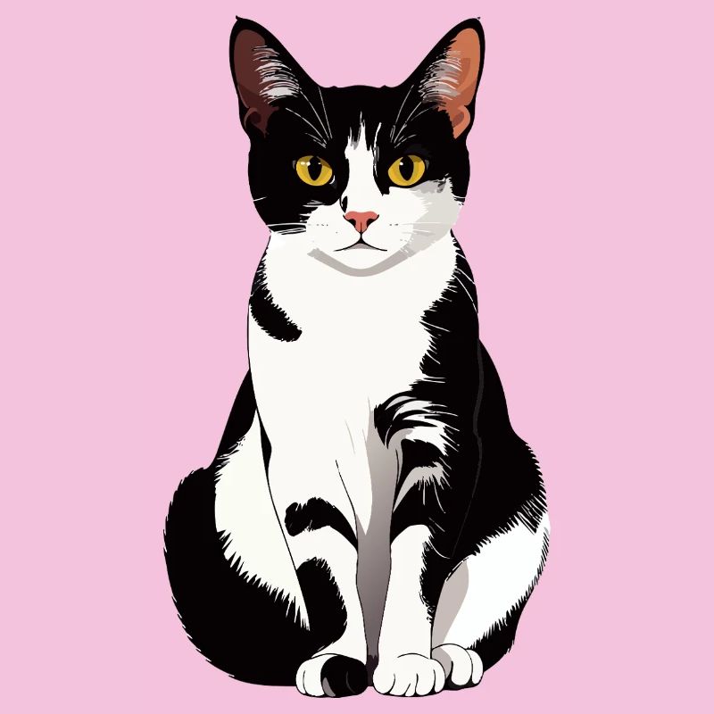 schöne Schwarz Weiß Katze sitzt frontal Grafik