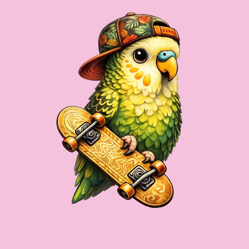 Cooler Skatebird – Papagei mit Cap & Skateboard