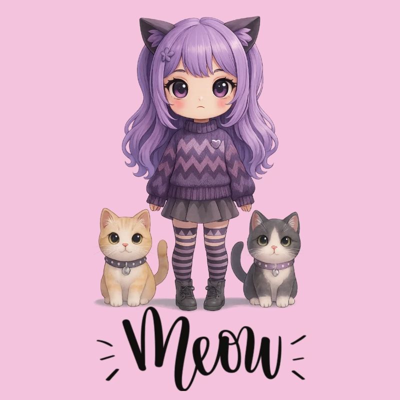 Kawaii Meow Mädchen mit Katzen