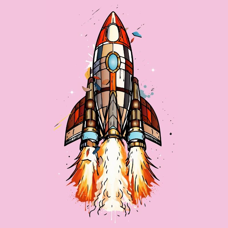 Futuristic rocket on launch in comic style