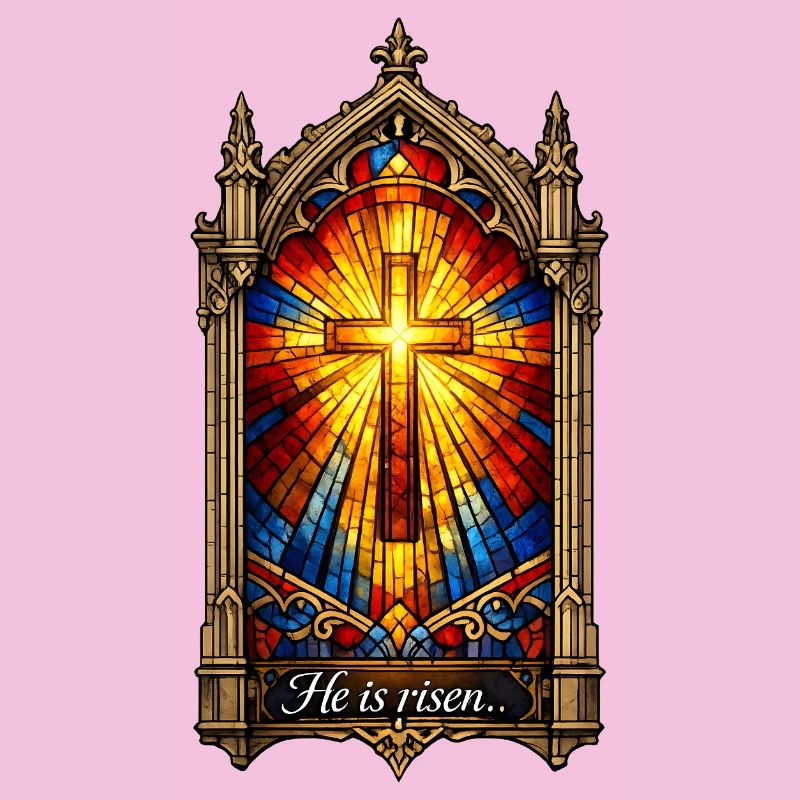 He is Risen Cross in Stained Glass Window Easter