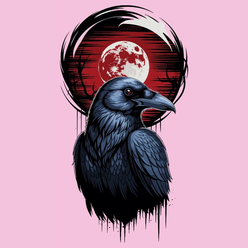 Raven Before a Blood-Red Full Moon Mystical Night Crow