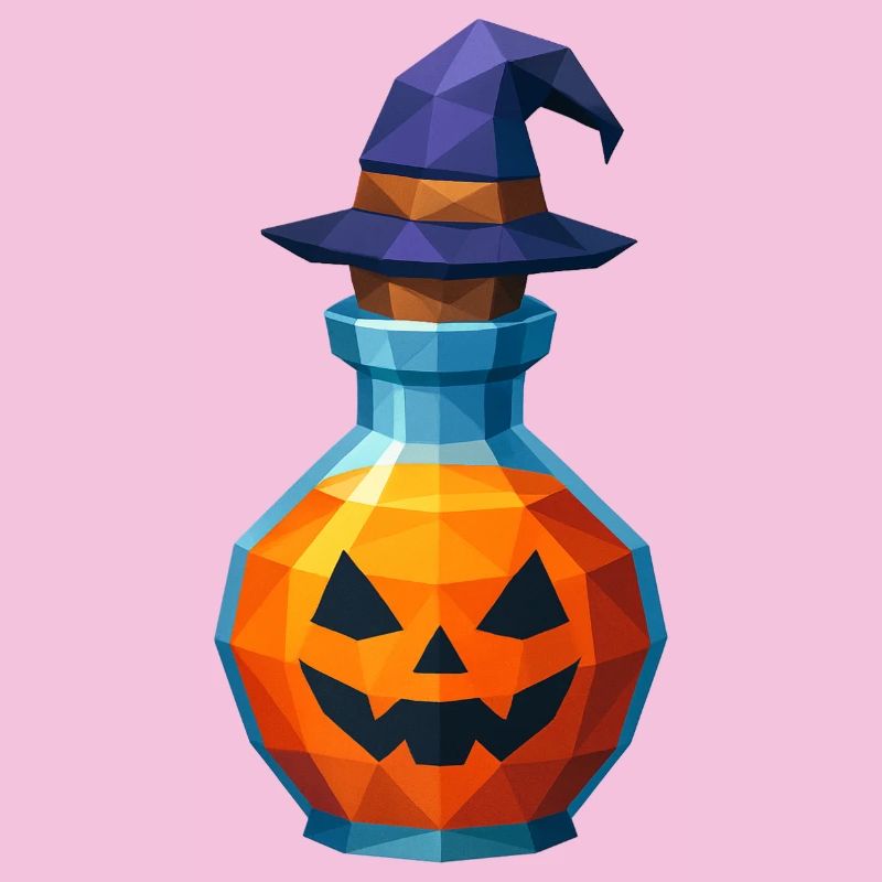 Low poly pumpkin in a witch vial