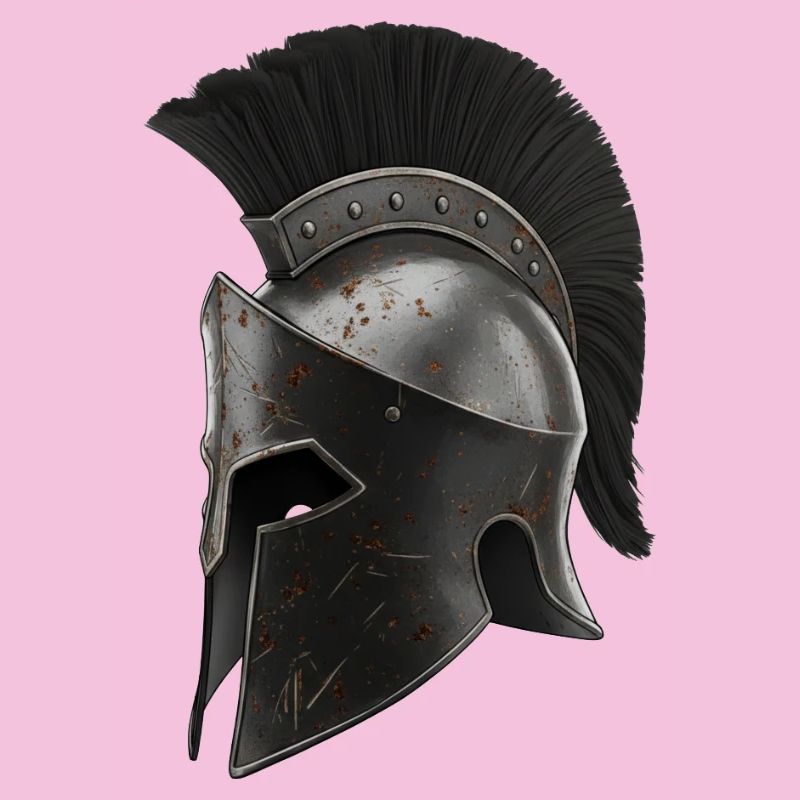 Rostiger Kriegerhelm mit schwarzer Feder
