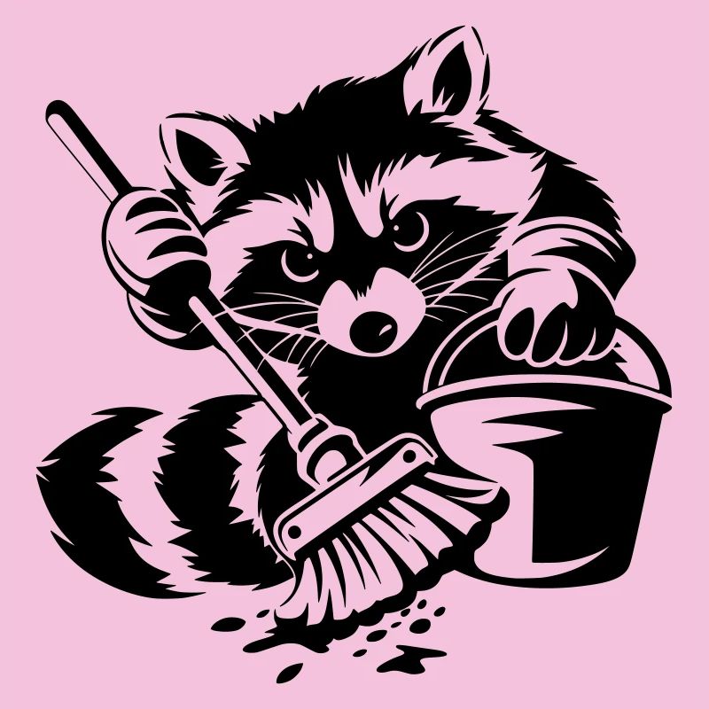 Waschbär mit Eimer & Mopp