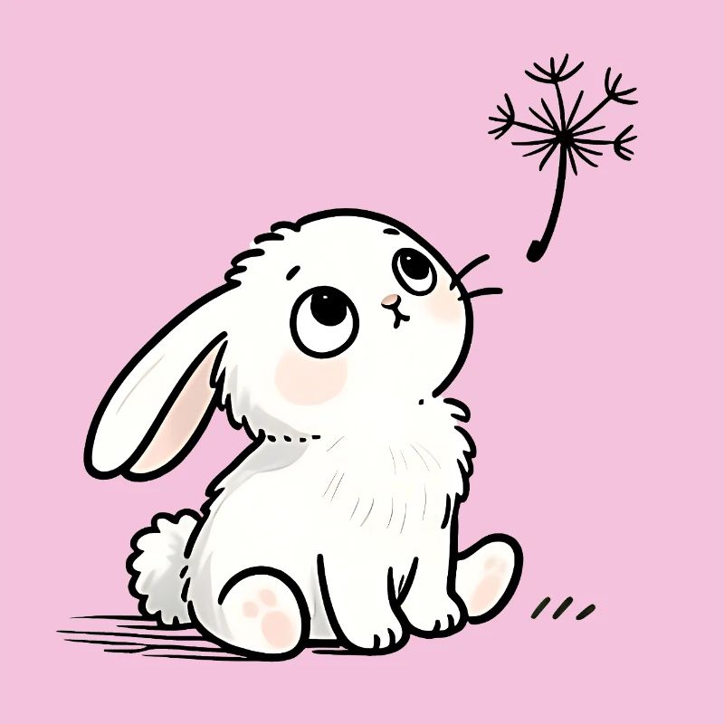 White rabbit with dreamy eyes and dandelion