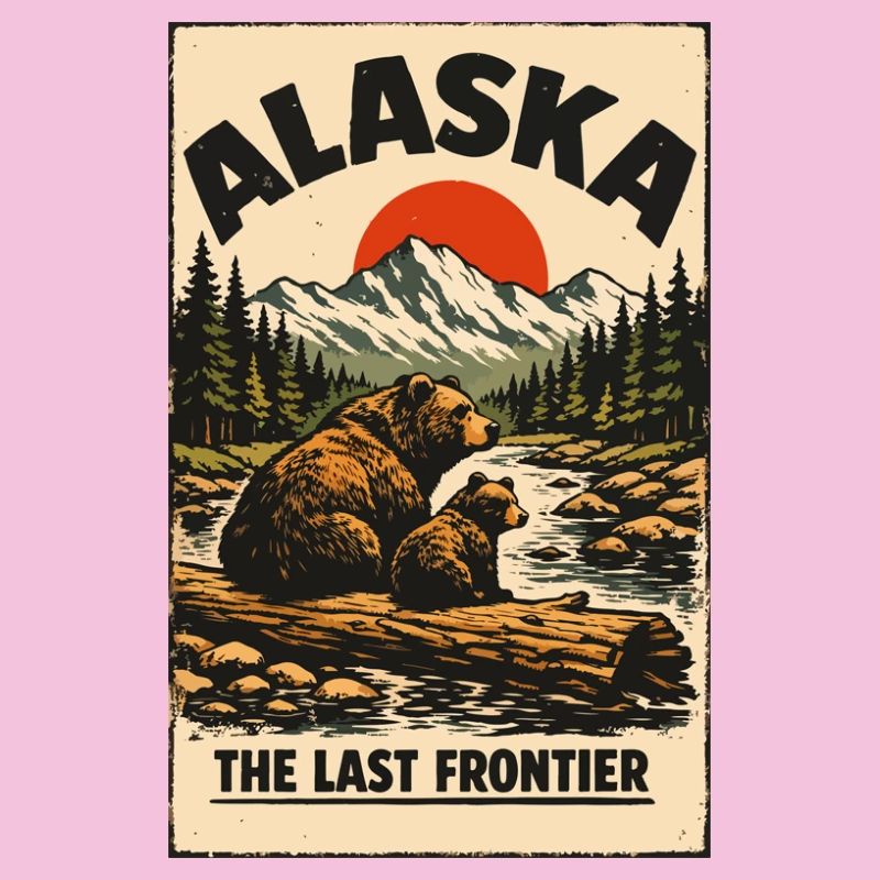 Alaska Frontier Bear Scenery Retro