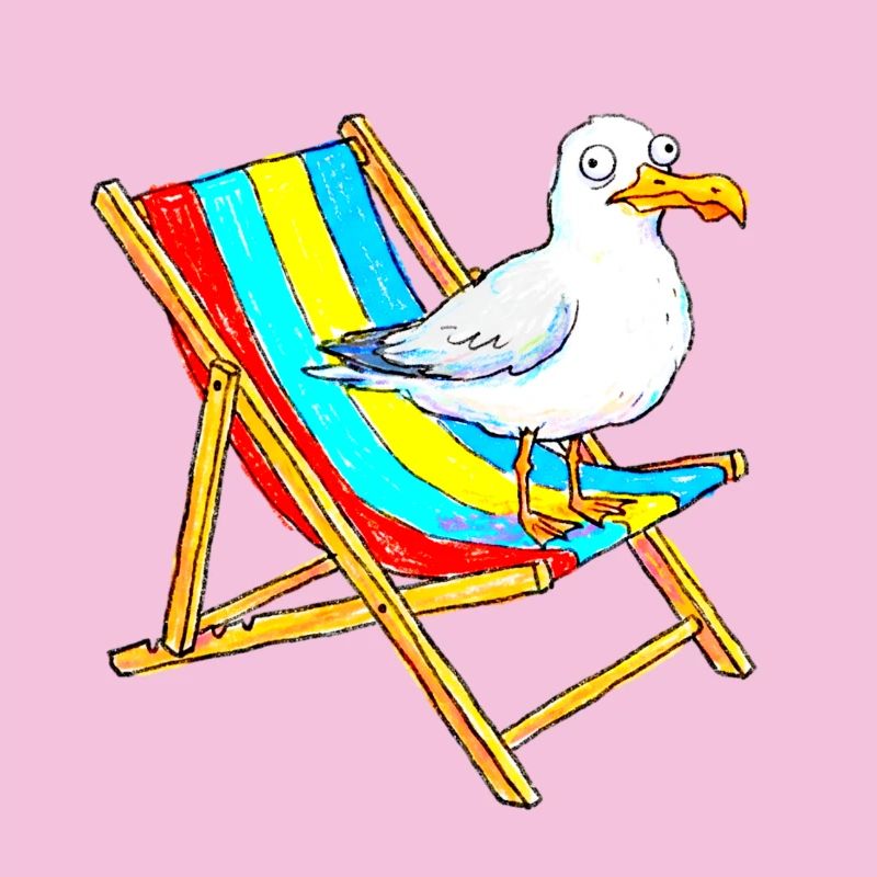 Seemöwe auf buntem Strandstuhl