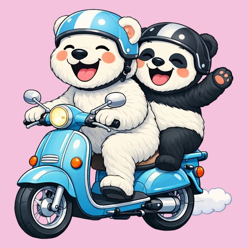 Polar Bear and Panda Bear on a Scooter