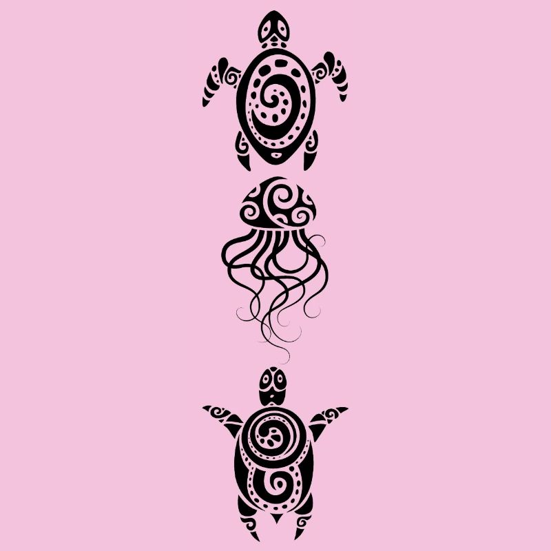 A jellyfish and two turtles (black)