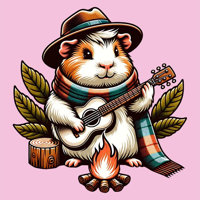 Cochon d’Inde avec guitare au camping autour d’un feu de camp