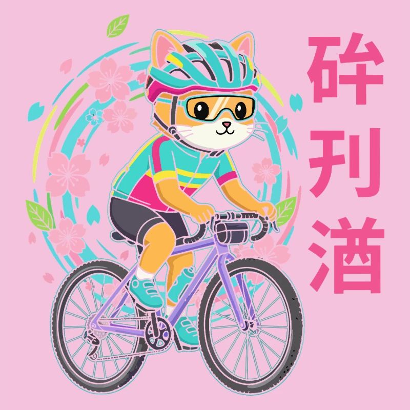 Neon Cat Cyclist With Blossoms