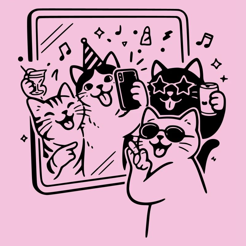 Selfie de fête avec des chats devant le miroir