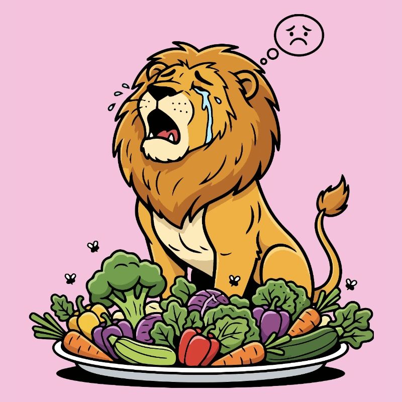 trauriger Löwe am Gemüsebuffet will lieber Fleisch