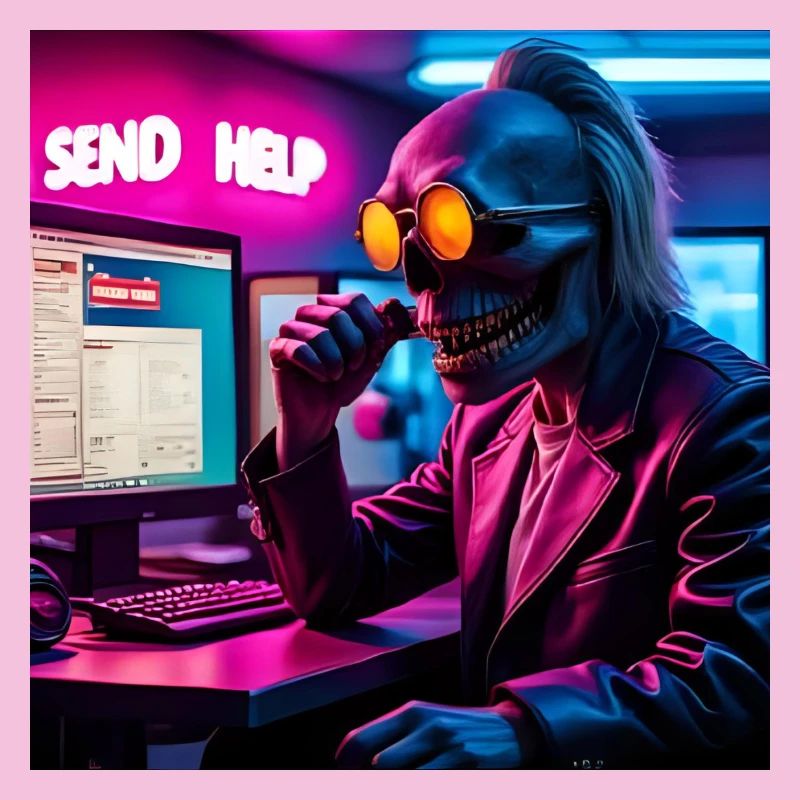 Cyberpunk Neon-Skull Hacker Send Help Design