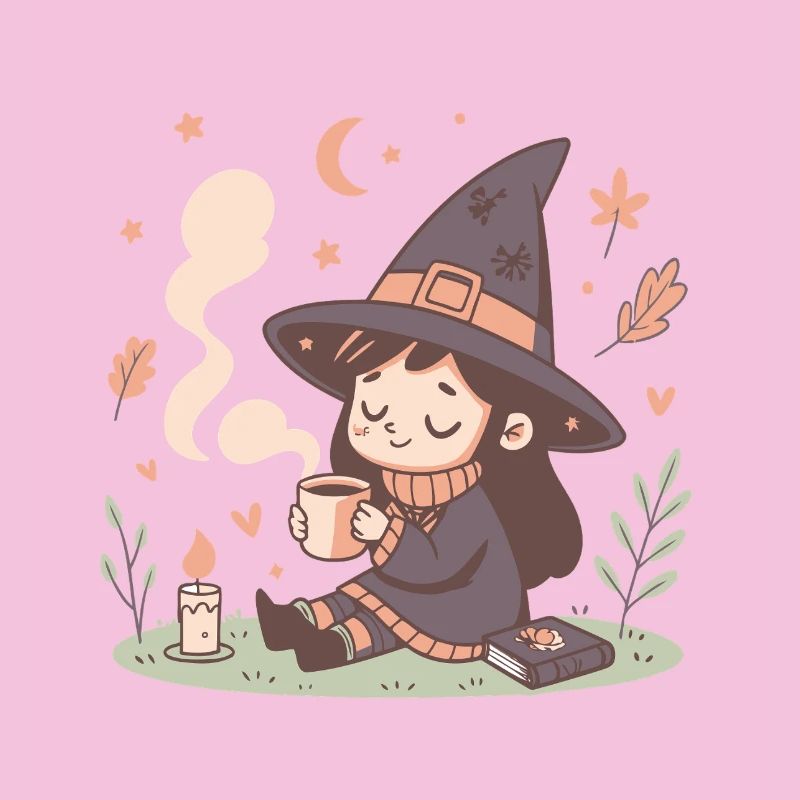 Cozy witch and steaming cup