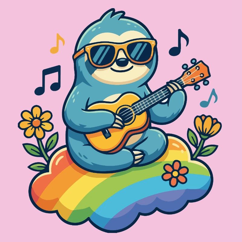 Hippie sloth with guitar on rainbow cloud
