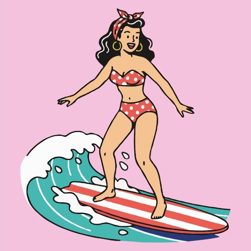 Pin-up-Mädchen auf dem Surfbrett