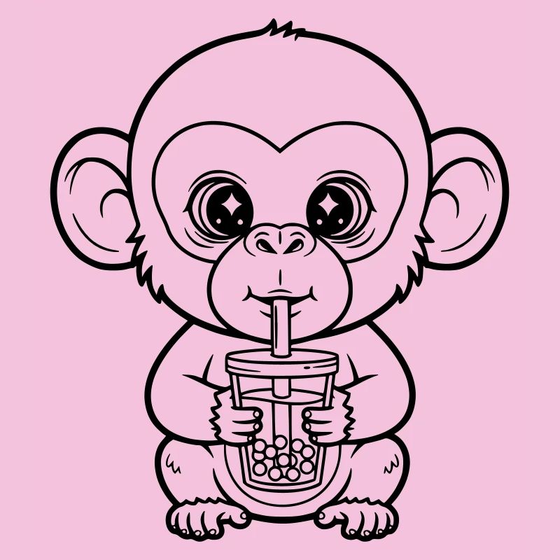 Singe mignon avec design de dessin de ligne en thé bulle
