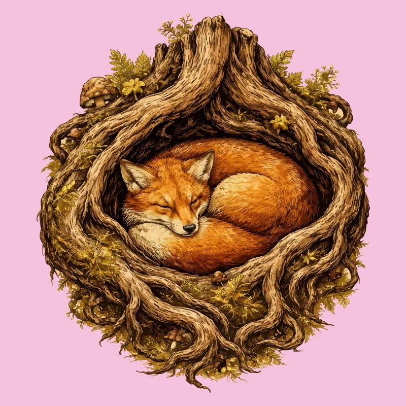Sleeping fox in the root structure – forest motif