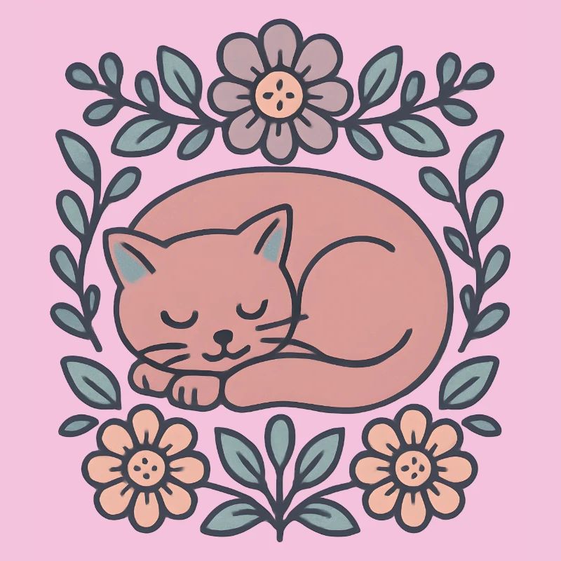 Chat rose endormi dans une couronne de fleurs