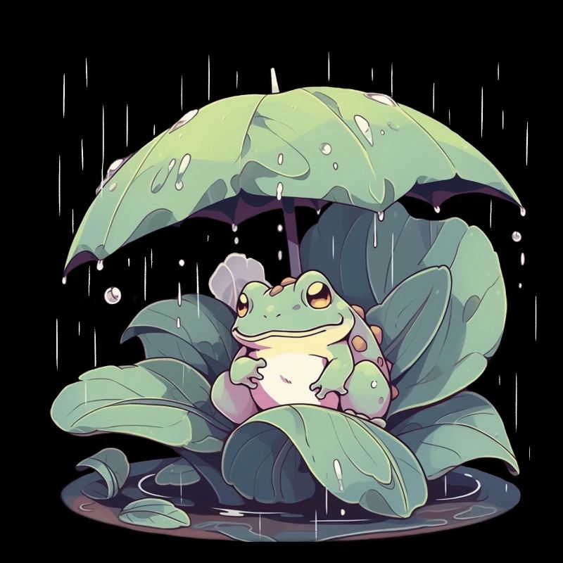 Frosch unter dem Schirm zwischen den Blättern