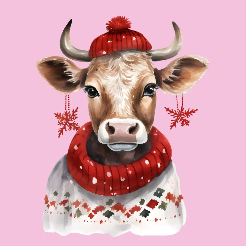 Vache d’hiver avec écharpe rouge et chapeau