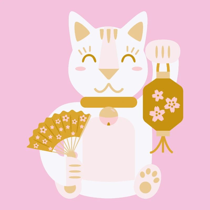 Maneki Neko L Glückskatze mit Fächer und Laterne