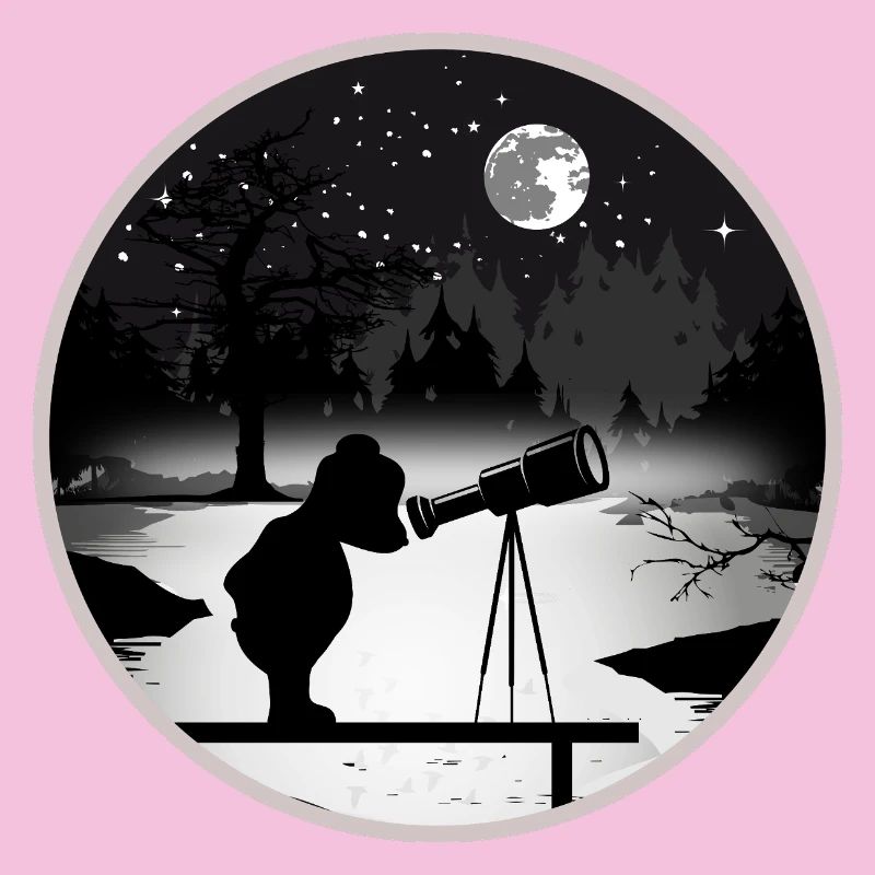 Bär mit Teleskop unter dem Sternenhimmel