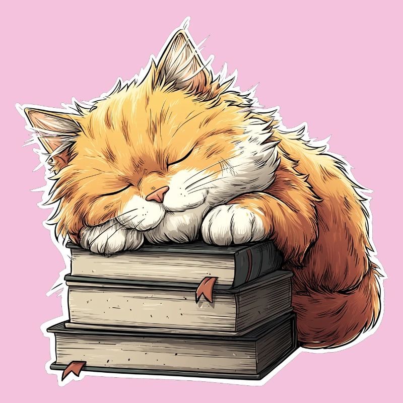 Chat mignon dormant sur une pile de livres