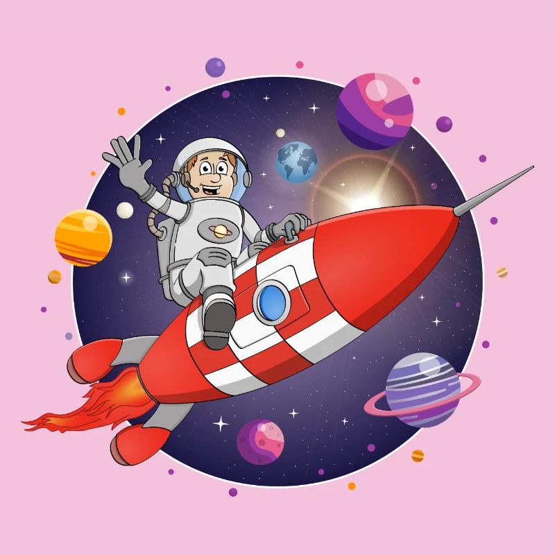 The astronaut and the red rocket in space