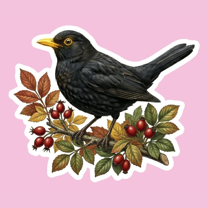 Native blackbird on rosehip branch