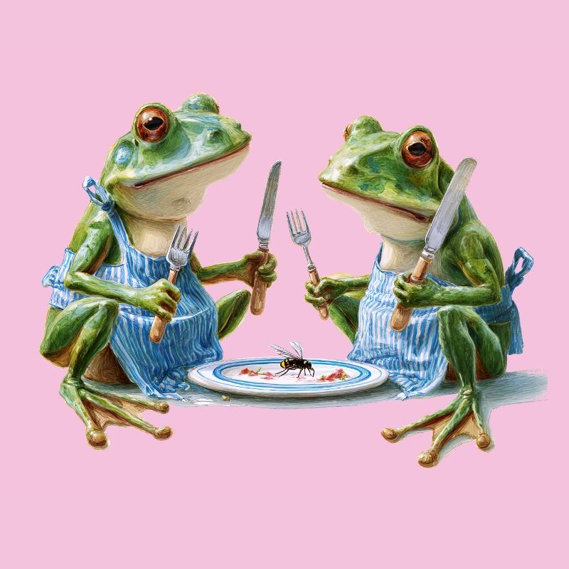 Two frog cooks at dinner