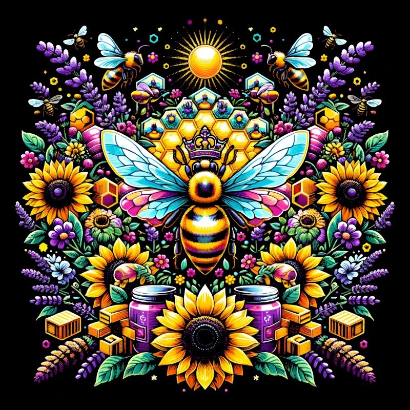 Vibrant, colorful artwork with bees
