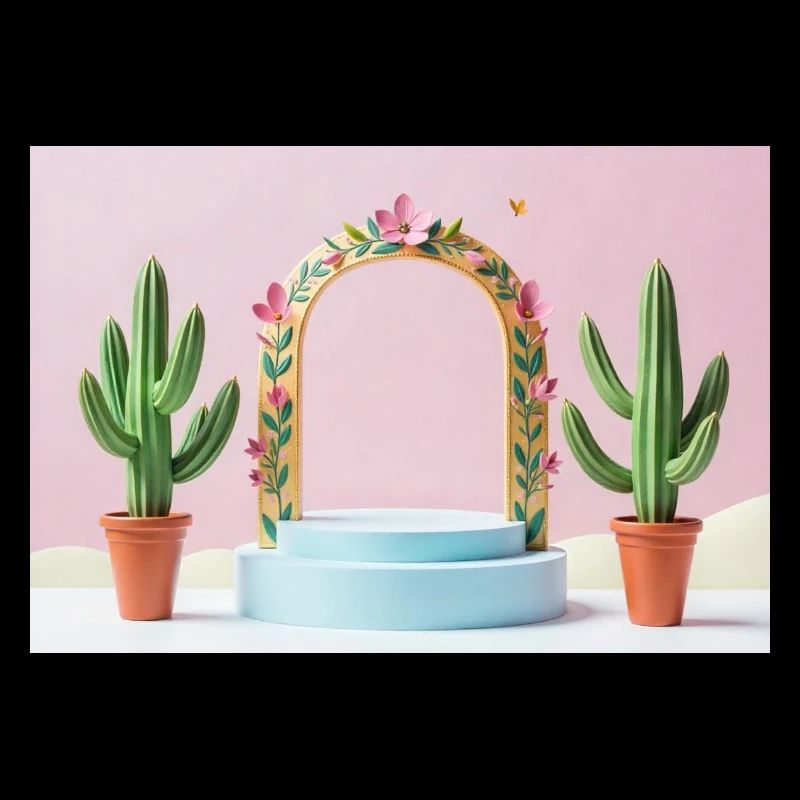 Pastel Arch Floral Frame and Cacti