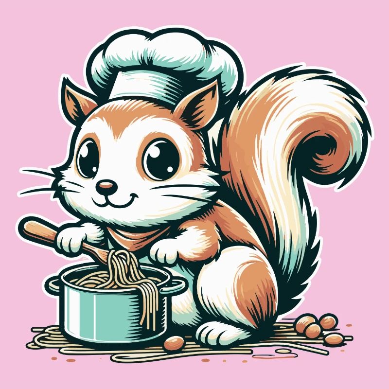 Mignon écureuil de dessin animé cuisinant des spaghettis