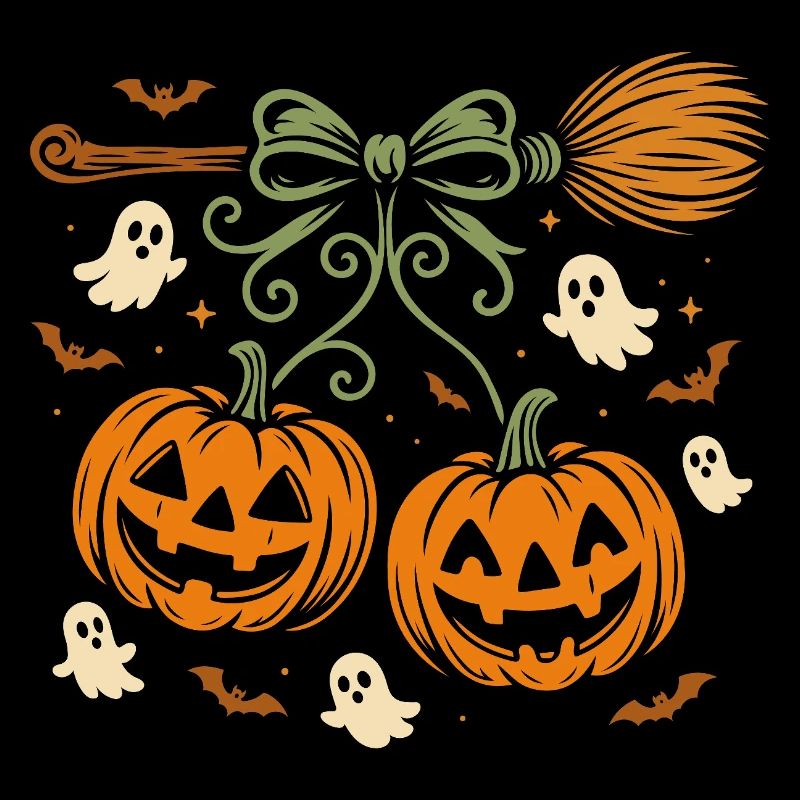 Halloween pumpkins with ghosts and brooms
