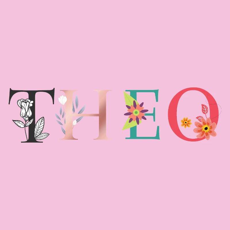 L’art du nom THEO avec des fleurs brodées