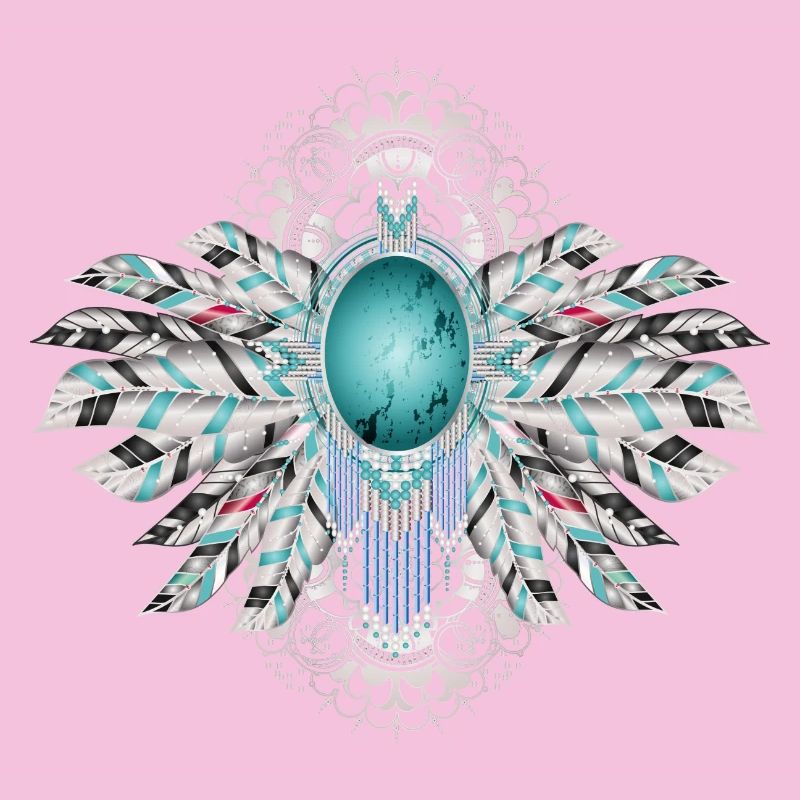 Artful bird feathers with turquoise in ethno style